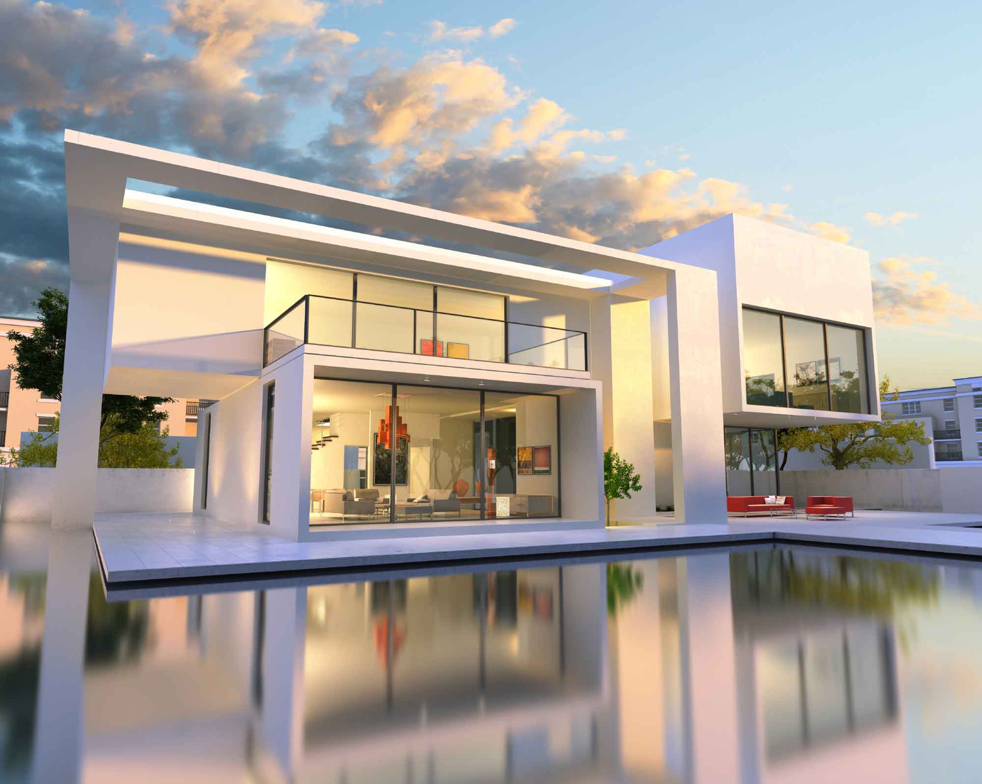 3D rendering of beautiful modern villa with pool, late afternoon